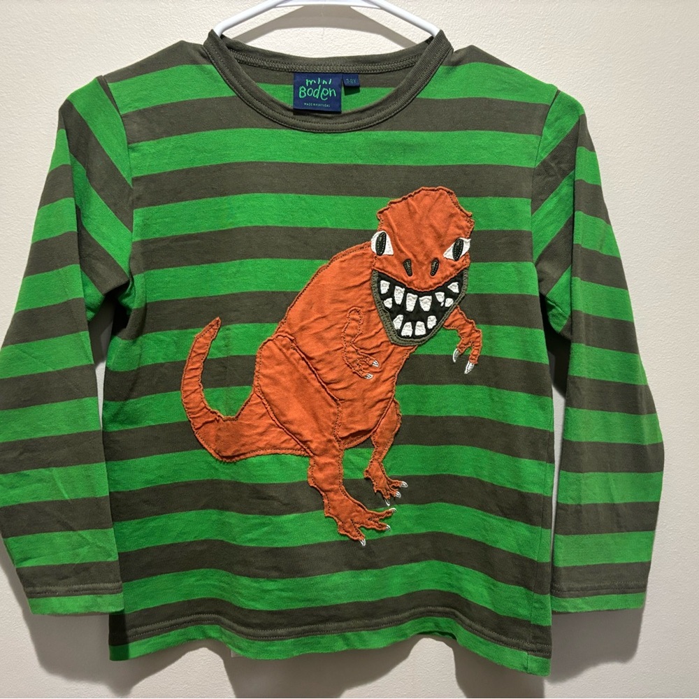 Mini Boden Striped Appliqué 🦖 T-Rex 🦖 Dinosaur 🦖 Shirt, 7-8 Years